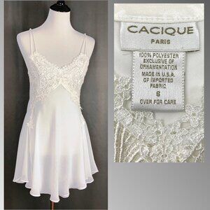 Vintage Cacique Paris White Lace babydoll Slip Dress Chemise Sz S